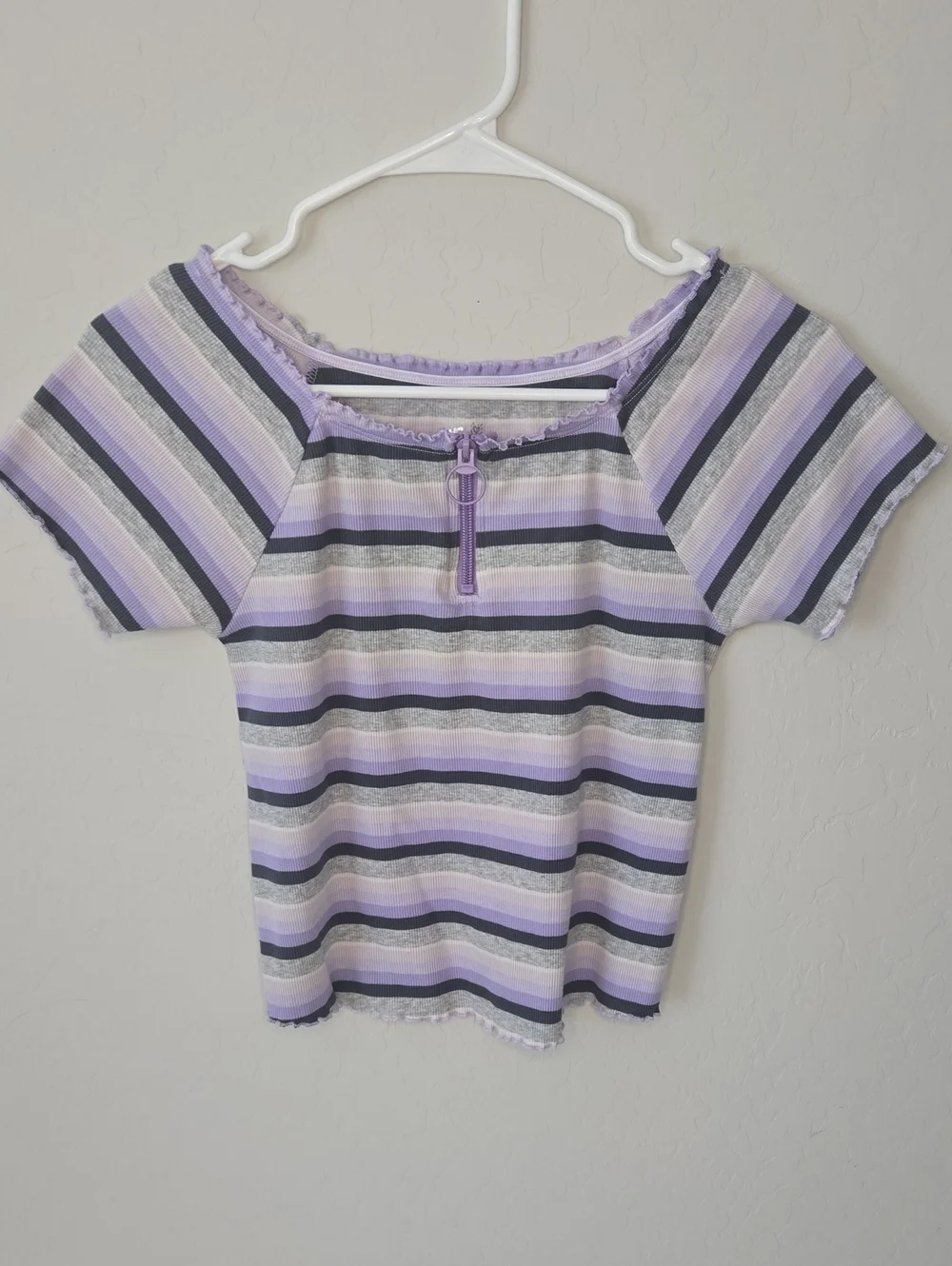 Justice Lavender, Gray & White Striped Crop Top with Front Zip